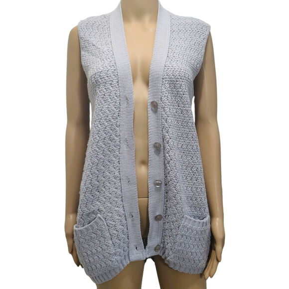 70s Gray Sweater Vest Acrylic Cardigan Button Up Boho Style College Point Size M - Picture 5 of 8